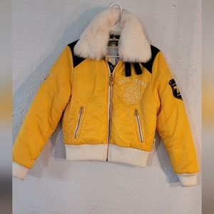 Pepe Jeans London Bold Yellow Vintage Puffer Jacket Faux Fur Collar